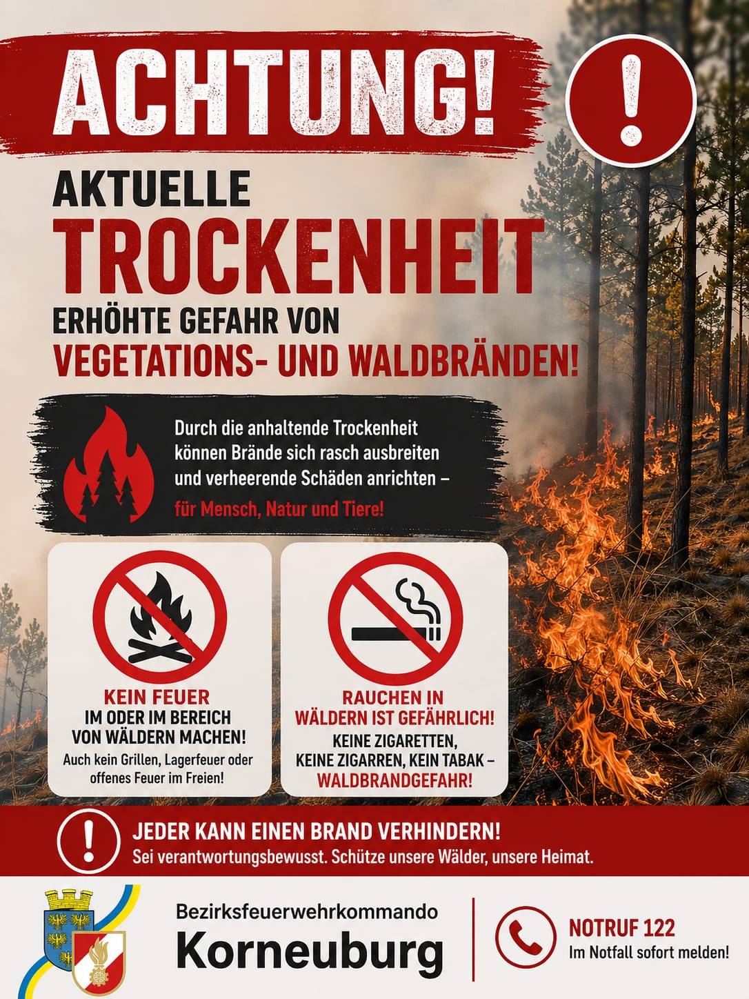 Warnung vor erhöhter Wald- und Vegetationsbrandgefahr im Bezirk Korneuburg